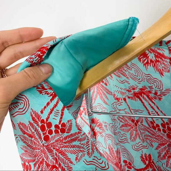 Nanette Lepore Teal & Red 100% Silk Peplum Waist Palm Print Dress Size 4 - Picture 8 of 13